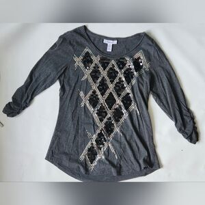 Style&co. Womens Gray Tunic Sequin Scoop Neck Ruched Sleeves Size M